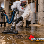 Technician vacuuming contaminated water beside a basement floor drain