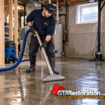 Technician extracting floodwater from a basement concrete floor