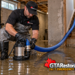 Technician positioning a submersible pump in a flooded basement