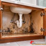 Mould on wooden cabinet panels beneath a bathroom sink