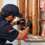 Plumber fitting a repair clamp onto a damaged copper pipe inside an open wall