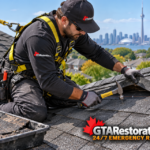 Roofer replacing damaged asphalt shingles