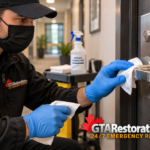 Technician wiping a stainless steel door handle with a disinfectant cloth