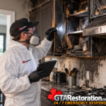Technician inspects fire-damaged kitchen cabinets with a flashlight and tablet