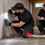 Worker uses a trowel to patch an exposed concrete foundation wall.