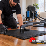 Technician securing a drying mat and hose connection on hardwood flooring