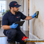 Technician checking a stained wall with a moisture meter while holding a tablet