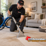 Technician uses a carpet extraction tool on a beige carpet beside a pet bed.