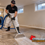 Technician extracting water from saturated basement carpet
