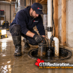 Technician inspecting a sump pump in a flooded basement