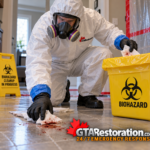 Technician in protective equipment collects blood-stained absorbent material beside a biohazard waste bin.