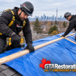 Roofing technicians securing a protective tarp over roof damage