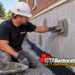 Installer applies a black liquid waterproofing membrane to an exterior foundation wall.