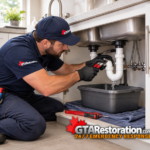 Plumber repairing leaking drain pipes beneath a kitchen sink