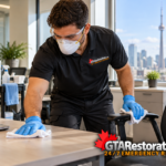 GTA Restoration technician disinfecting an office desk and chair arm