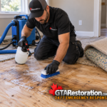 Technician scrubs exposed subfloor beside rolled-back carpet and underpad.