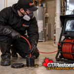 Technician feeding a sewer inspection camera into a cleanout