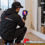 Technician aiming a thermal imaging camera at a water-stained wall