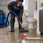Technician removing contaminated water from a bathroom floor beside a toilet