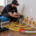 Technician connecting small drying hoses to ports along a lower wall