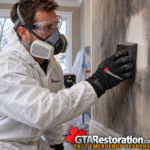 Technician uses a soot sponge to clean a smoke-stained interior wall.