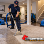 Technician extracting water from wet carpet in a finished basement