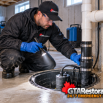 Technician inspecting a sump pump basin and discharge pipe
