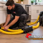 Technician installing drying hoses beneath kitchen cabinets