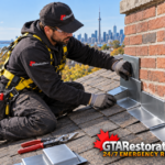 Technician repairing flashing around a brick chimney