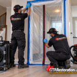 Two technicians installing a clear plastic containment barrier with zippered access