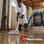 Technician using an extraction wand to remove sewage water from concrete flooring