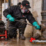 Technician accessing a sewer stack cleanout with drain-cleaning equipment