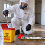 Protected technician uses pickup tongs to place a discarded syringe into a rigid sharps container.
