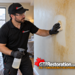Technician wipes yellow-brown tobacco residue from an interior wall.