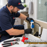 Plumber working on the fill valve inside a toilet tank