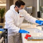 Technician disinfecting a washroom faucet and sink counter
