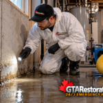 Technician examining moisture along a basement foundation wall