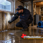 Technician inspecting water intrusion beneath a basement window during rain