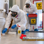 Two technicians in protective suits clean around a toilet inside a contained bathroom.