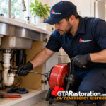 Plumber using a drain snake to clear a kitchen sink blockage