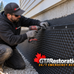Installer positions perforated drainage pipe in gravel beside a waterproofed foundation.