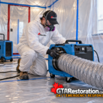 Technician connecting ductwork to an air filtration unit inside containment