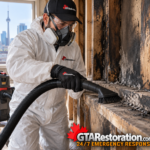 Technician uses a HEPA vacuum brush on soot-covered interior surfaces.