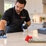 Technician applying surface sanitizer to a cleared kitchen countertop