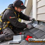 Roofer working on step flashing where shingles meet an exterior wall