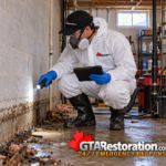 Technician inspecting a stained basement wall with a flashlight and tablet