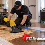 Targeted drying equipment beside an exposed section of subfloor