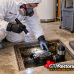 Technician examining a backwater valve inside a basement access box