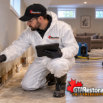Technician checking lower-wall moisture with a meter and tablet