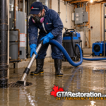 Technician wearing protective equipment extracting wastewater near a basement floor drain